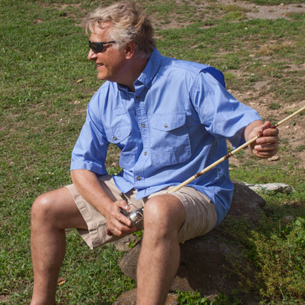 short sleeve Hemingway poplin fishing shirt ocean blue